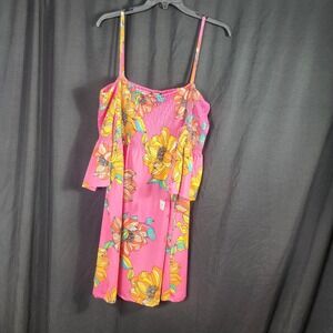 Trina Turk Pink Floral‎ Smocked Off The Shoulder Mini Dress Flounce Sleeve XL